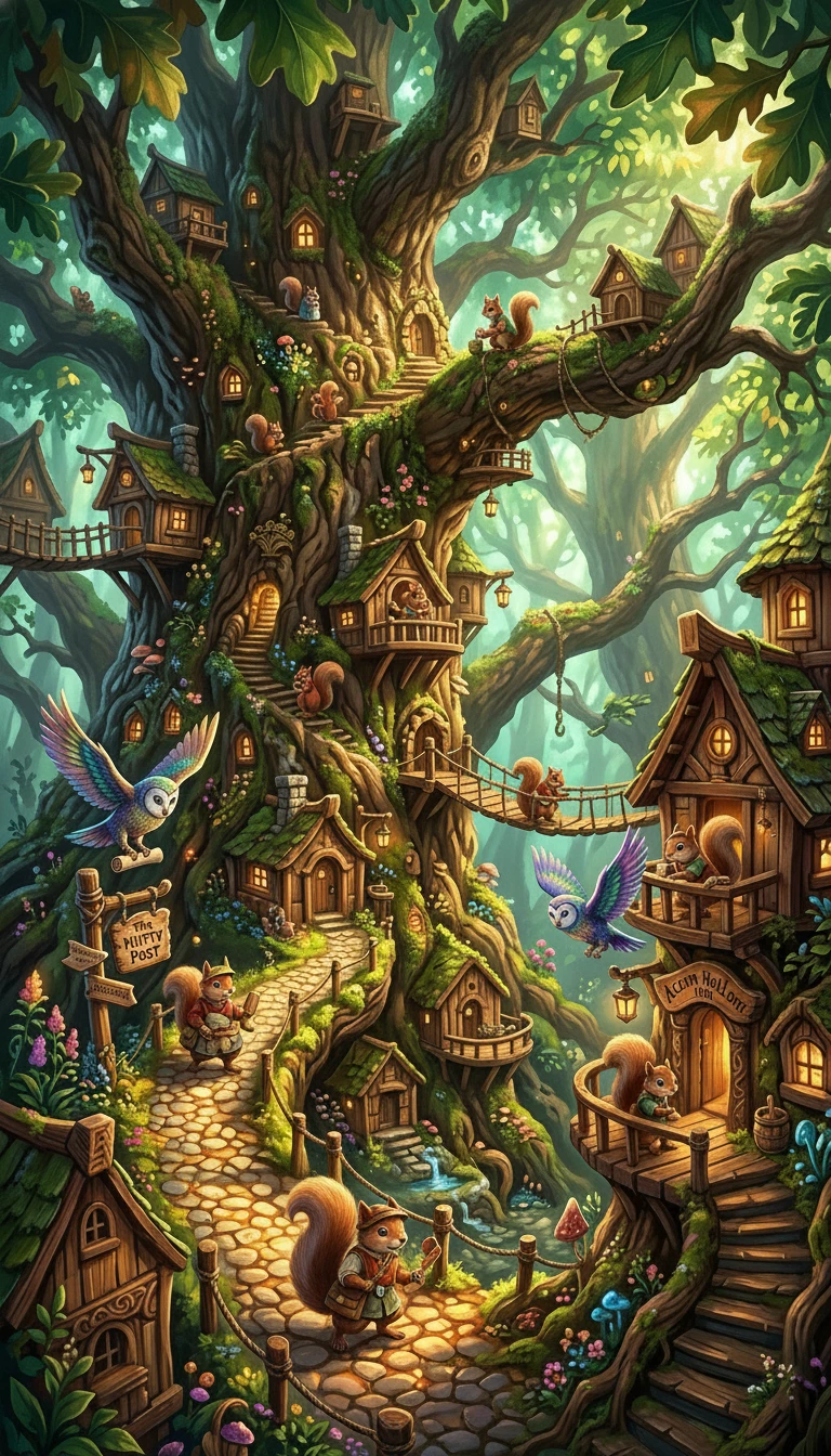 Whimsical squirrel village nestled inside an ancient tree