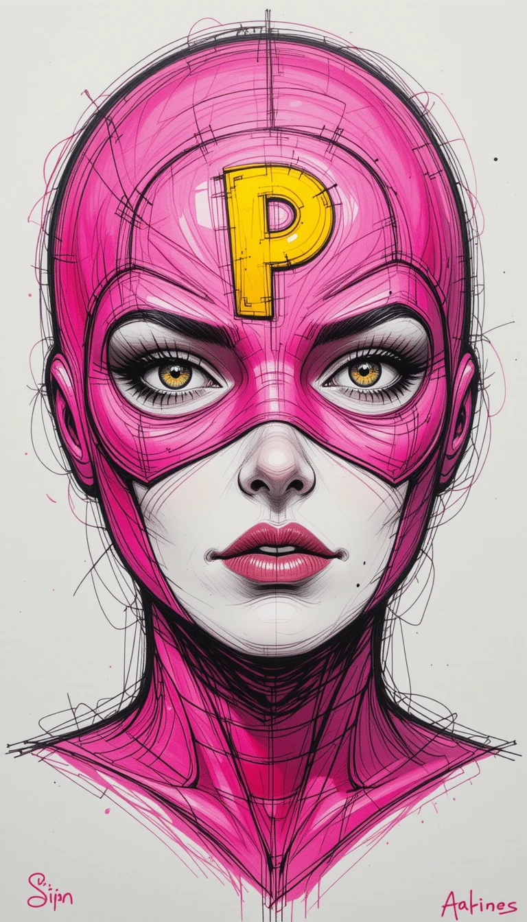 Pencil sketch close up of a masked female superhero face