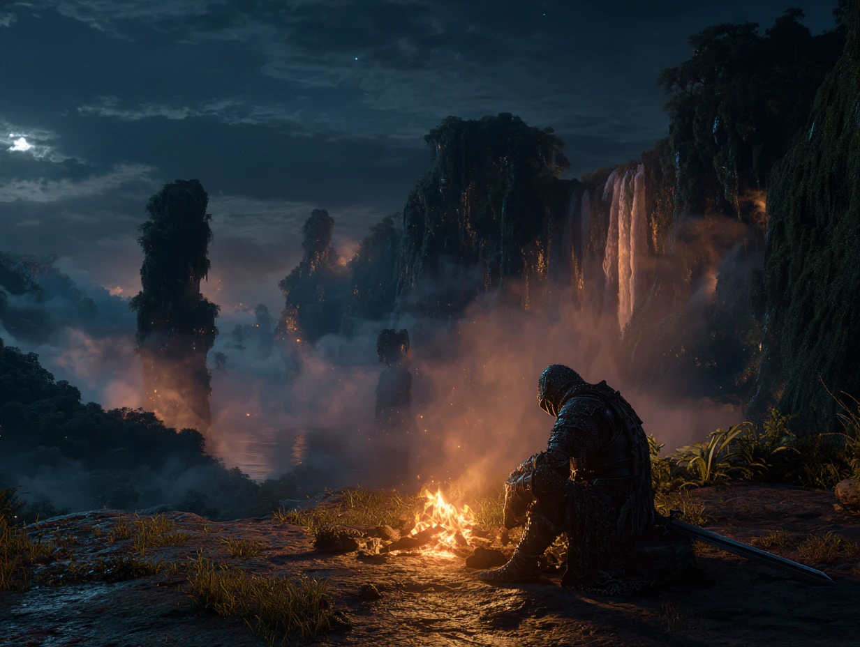 Weary black armored knight by campfire in fantasy valley