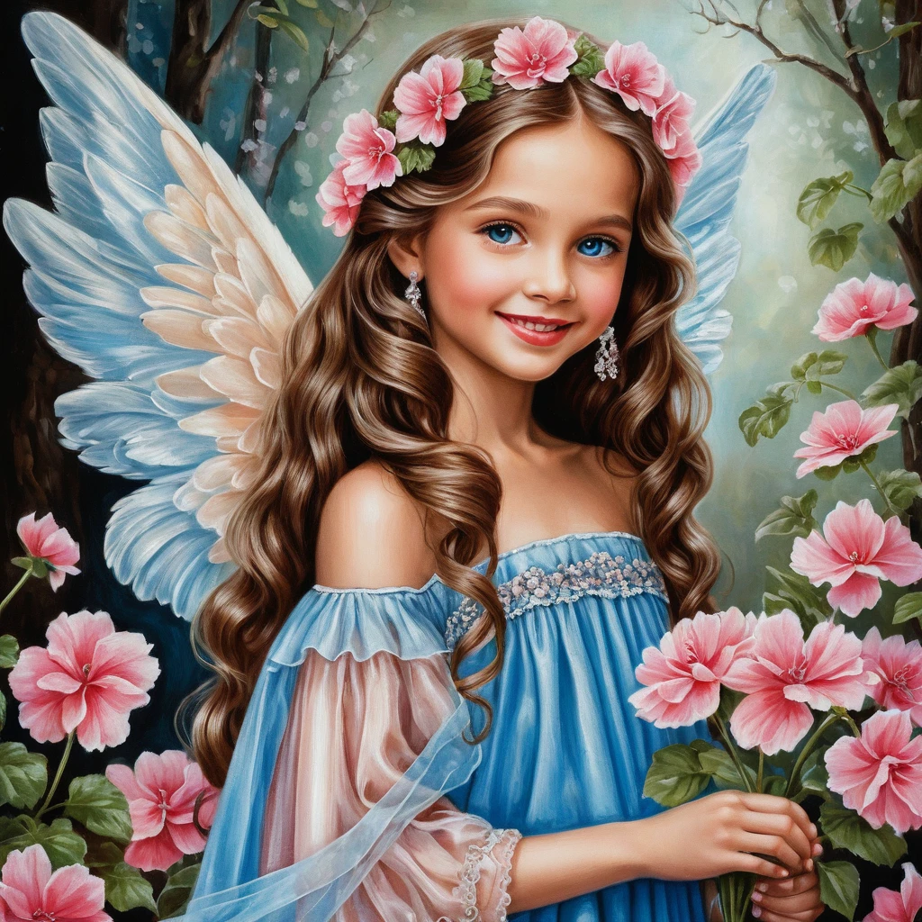 Smiling spring angel girl with flowers and glitter dress