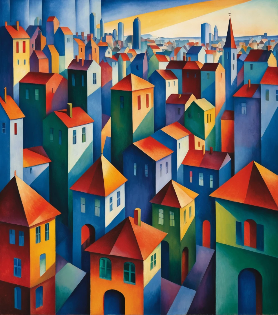 Vibrant abstract cityscape with rhythmic silhouetted figures