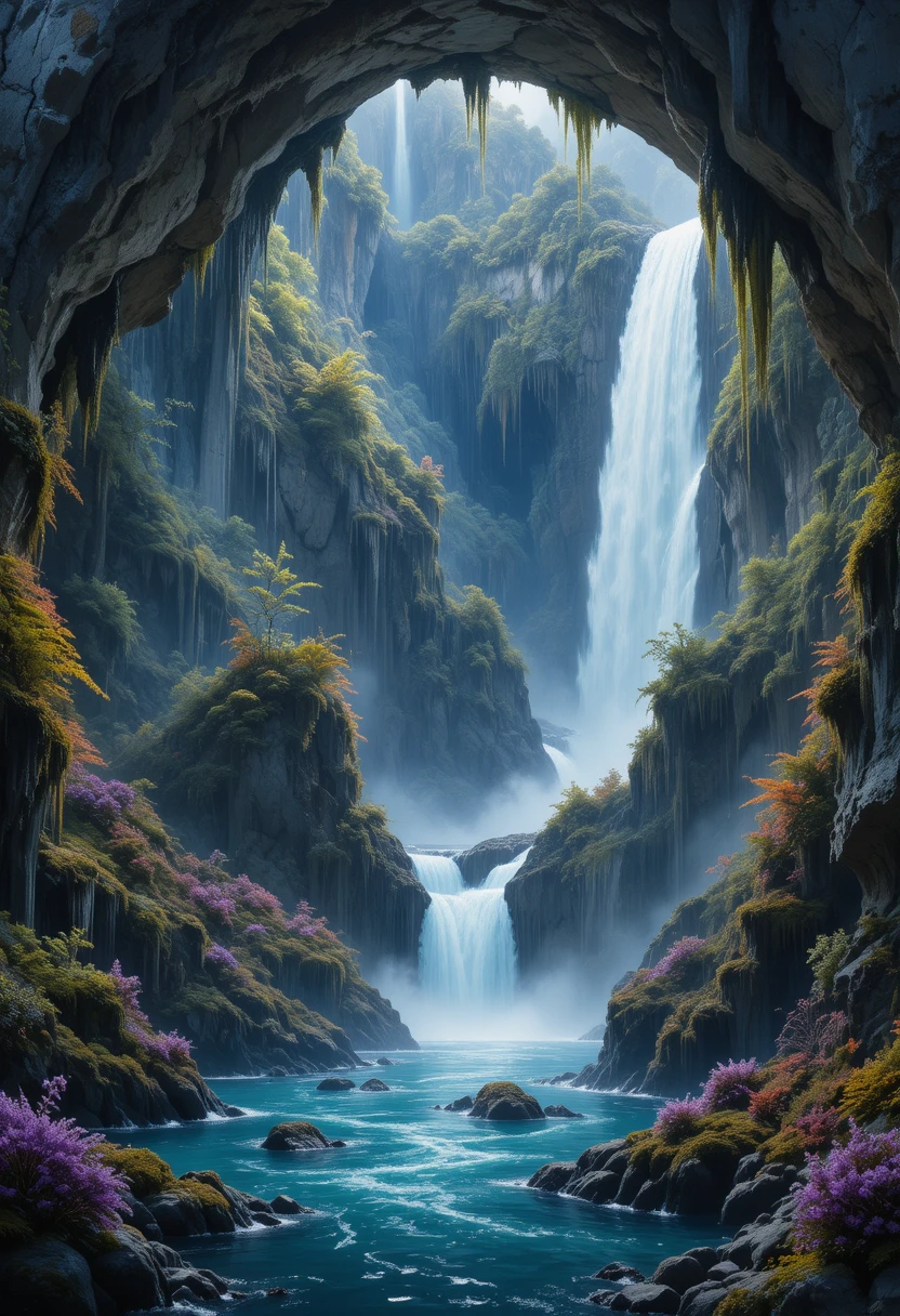 Majestic Underground Waterfall In A Luminous Cavern Landscape
