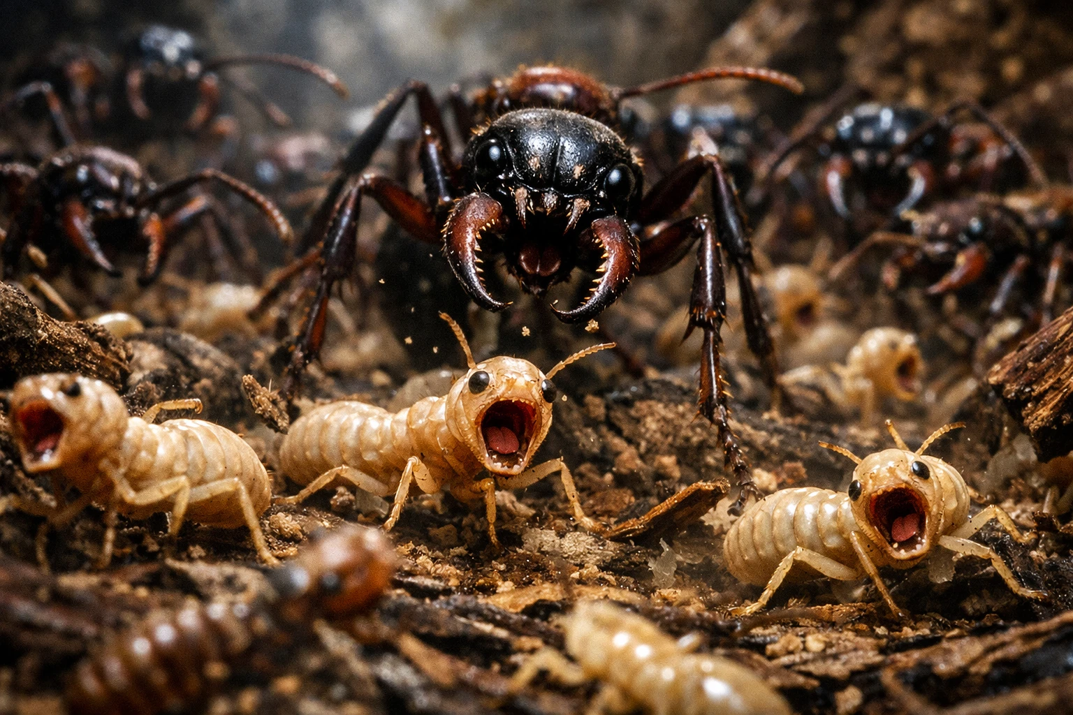 Terrifying army ants closing in on fleeing termites