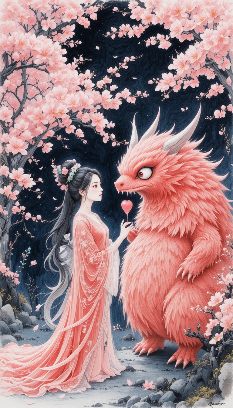 Fantasy woman and red monster under night cherry blossoms