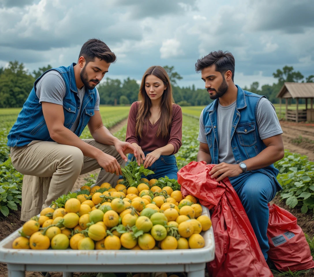 Farm workers harvesting yellow squash under cloudy sunlight