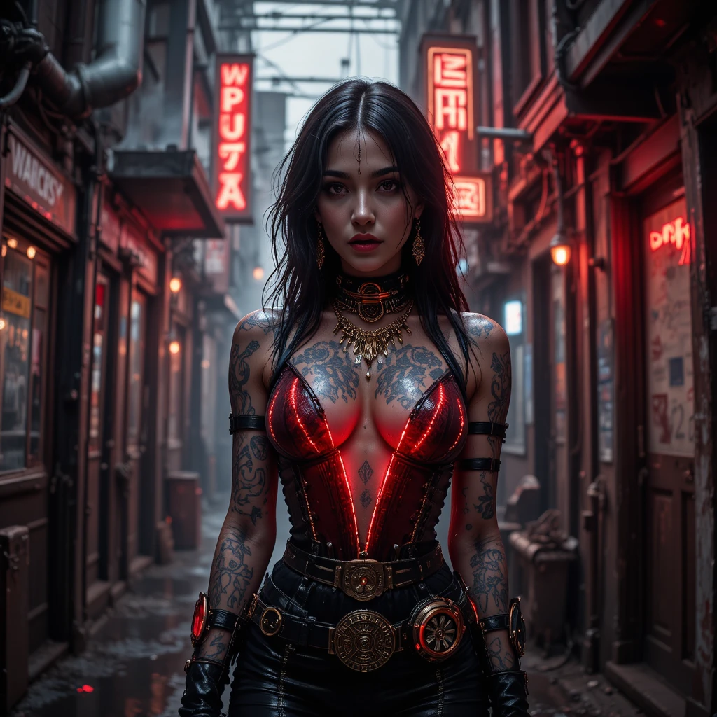 Noir cyberpunk femme fatale in a rain soaked alley