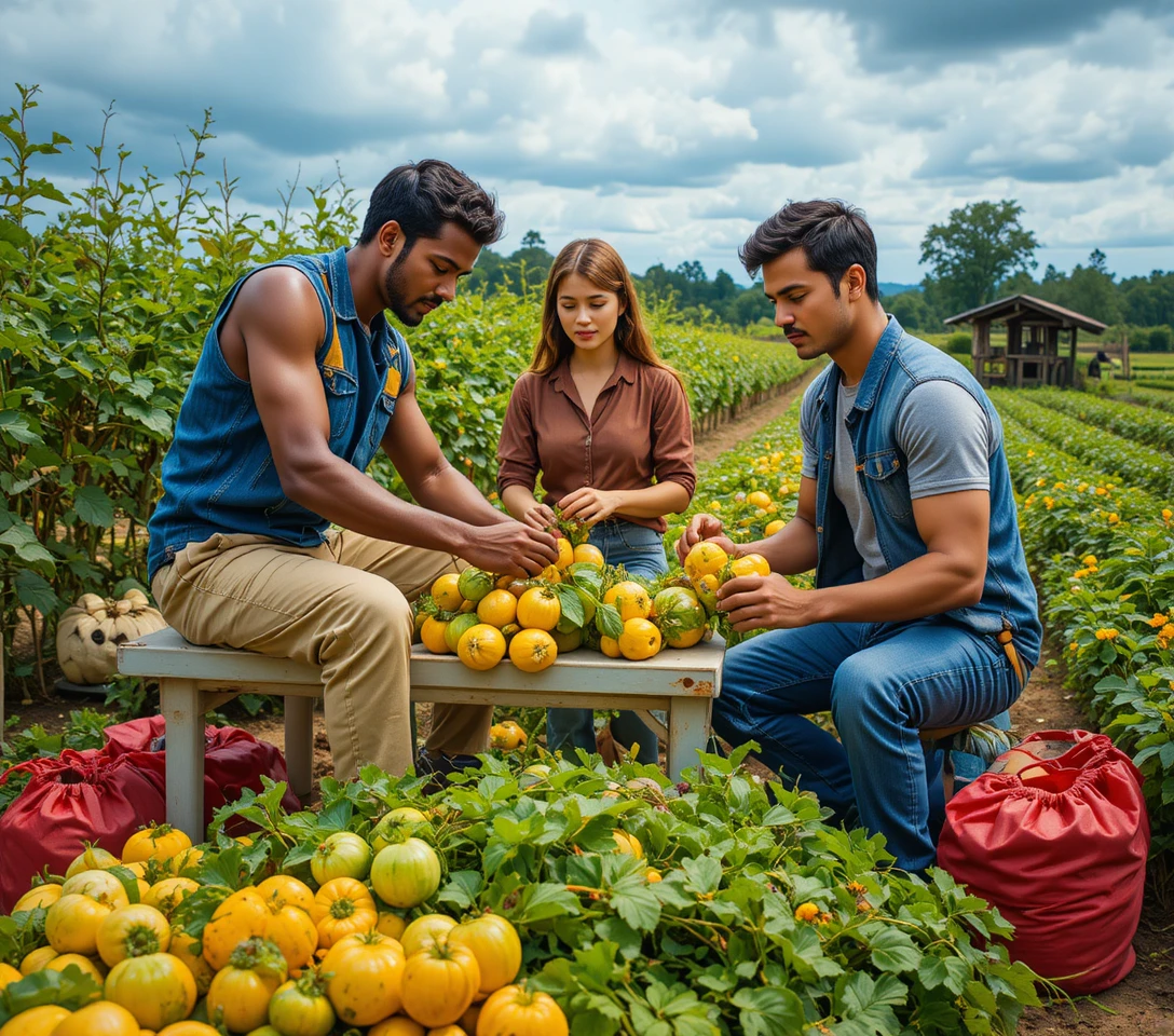 Diverse farm workers harvesting yellow squash together outdoors
