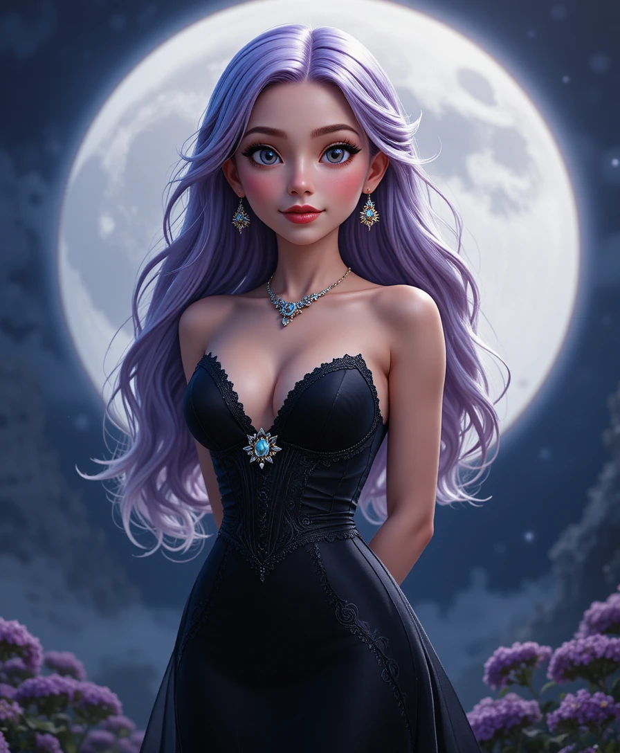 Lilac haired girl in black dress under a bright full moon