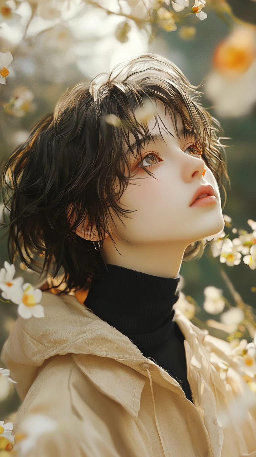 Chica con chaqueta beige en un campo de flores resplandeciente