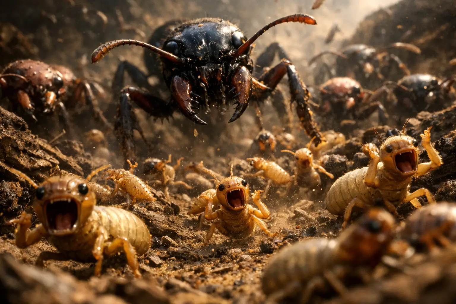 Des termites terrifiées fuient l’assaut massif d’une armée de fourmis