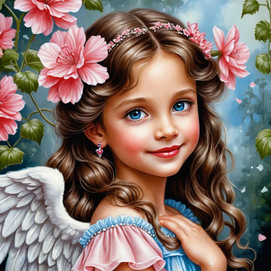 Smiling spring angel girl holding pink flowers