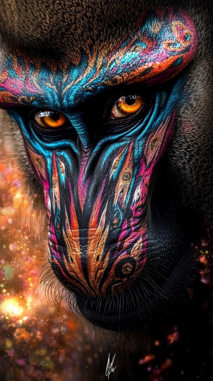 Colorful mandrill portrait with abstract mirrored background