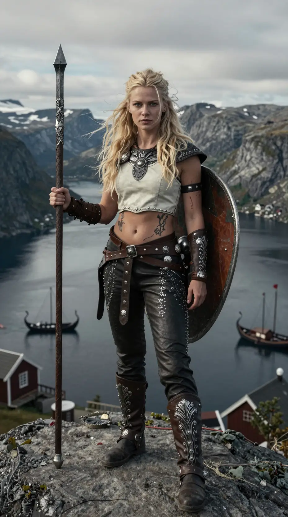 Viking warrior woman on a windy Norwegian fjord cliff
