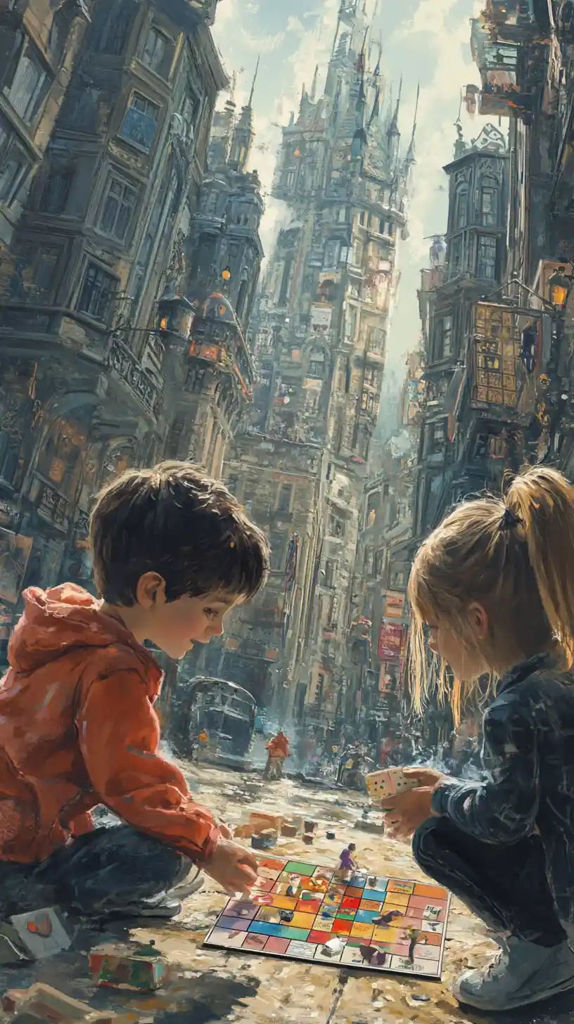 알록달록한 도시 그림 속에서 모노폴리를 하는 두 아이