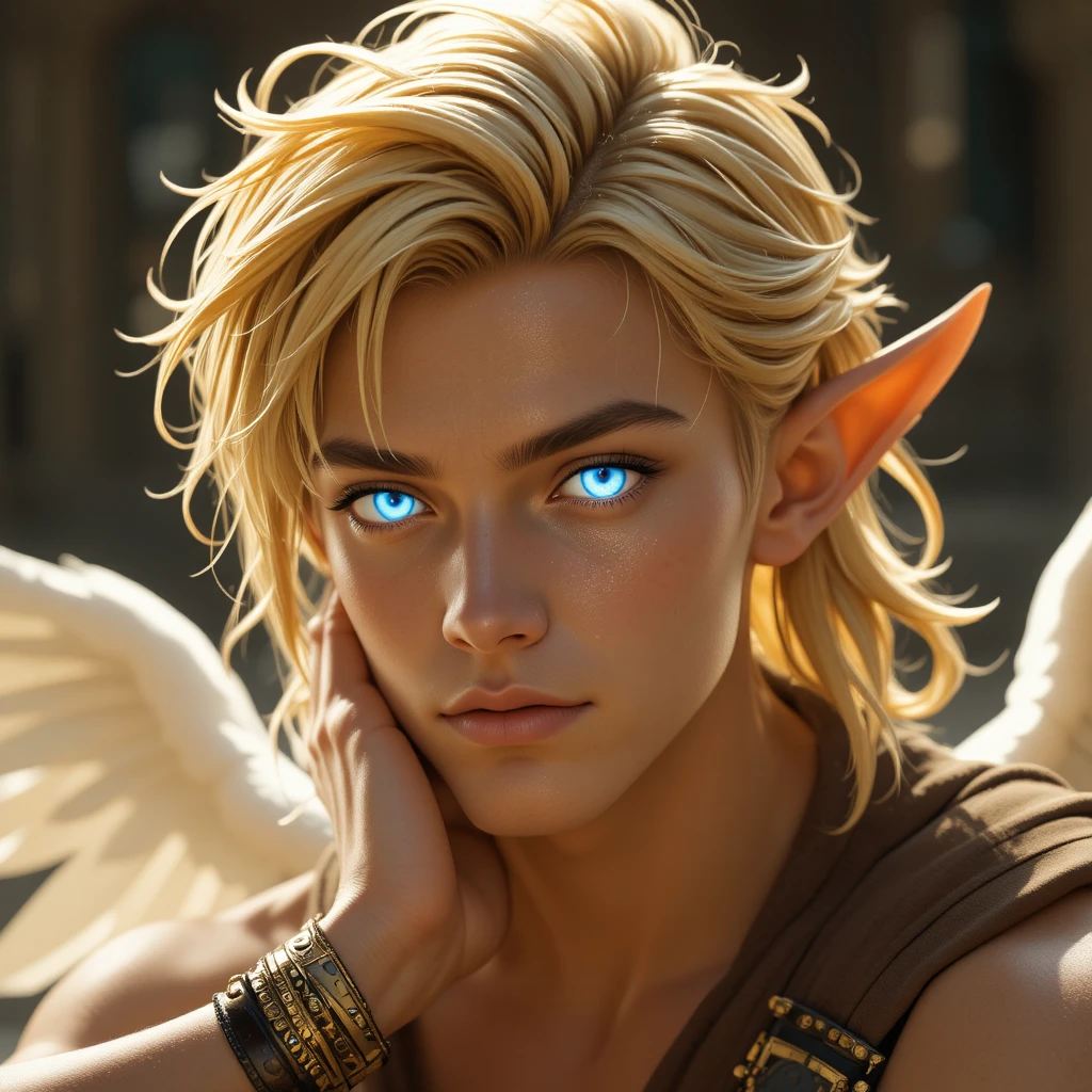 Angelic warrior man with glowing blue eyes and white wings