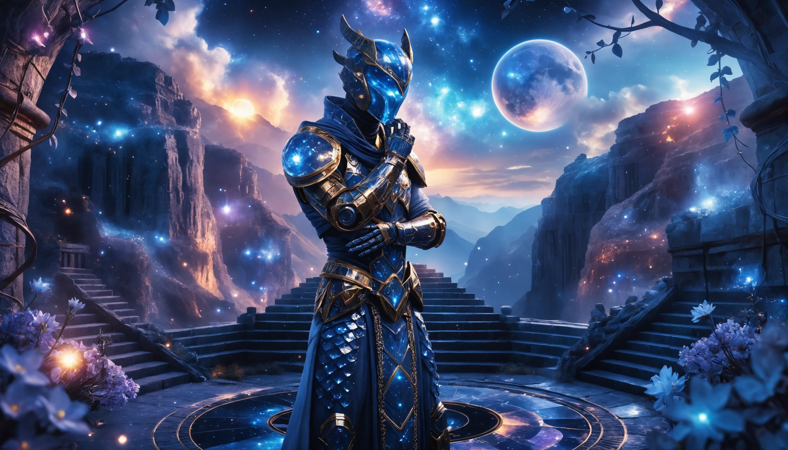 Stargazing android druid at an ancient moonlit ziggurat