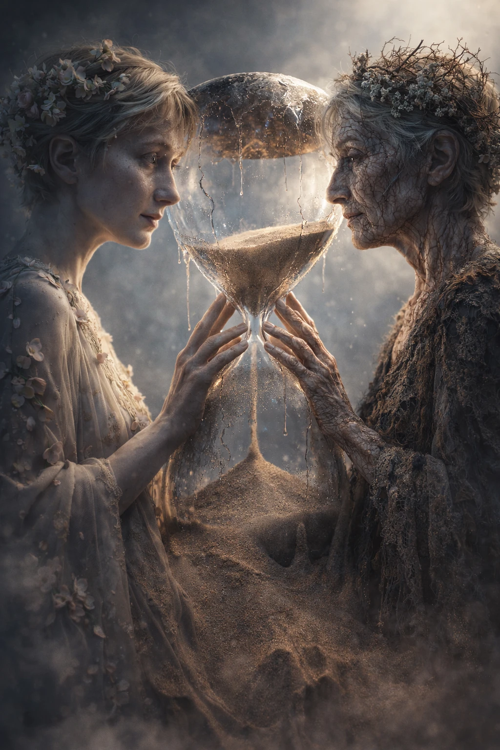Twin figures holding a melting hourglass in darkness