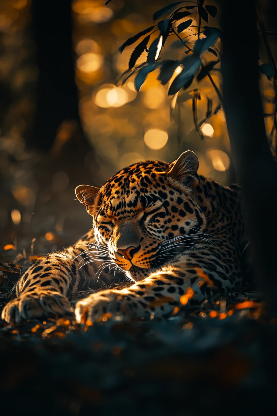 Leopardo dorado juguetón tumbado boca arriba en el bosque