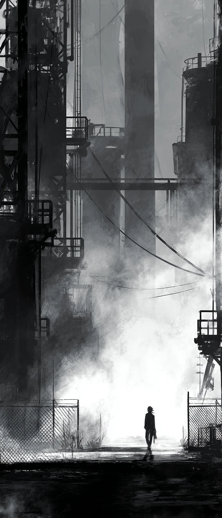 Anime fugitive sprinting through foggy industrial yard at night