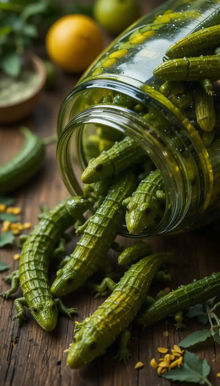Pickled cucumbers shaped like tiny crocodiles on wooden table