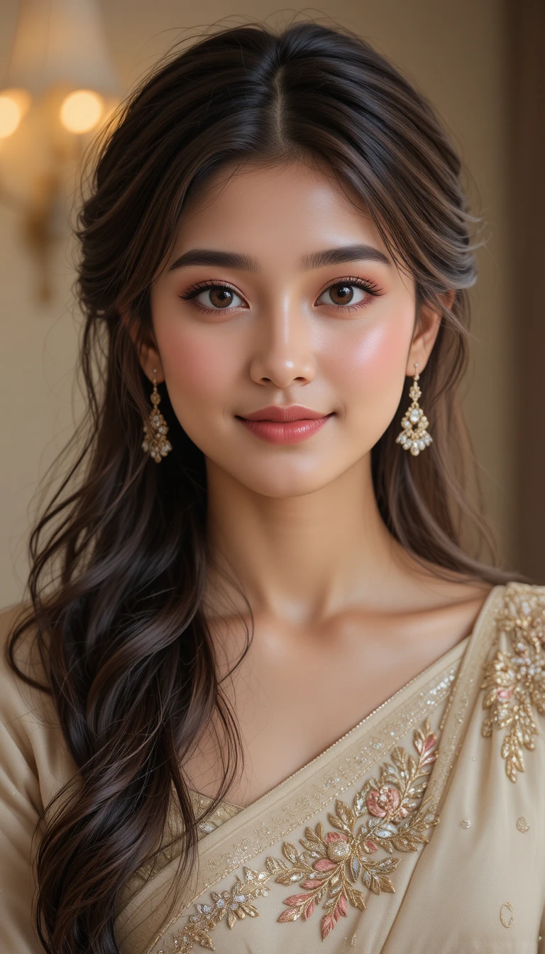 Elegant Indian girl portrait in pastel saree and diamonds