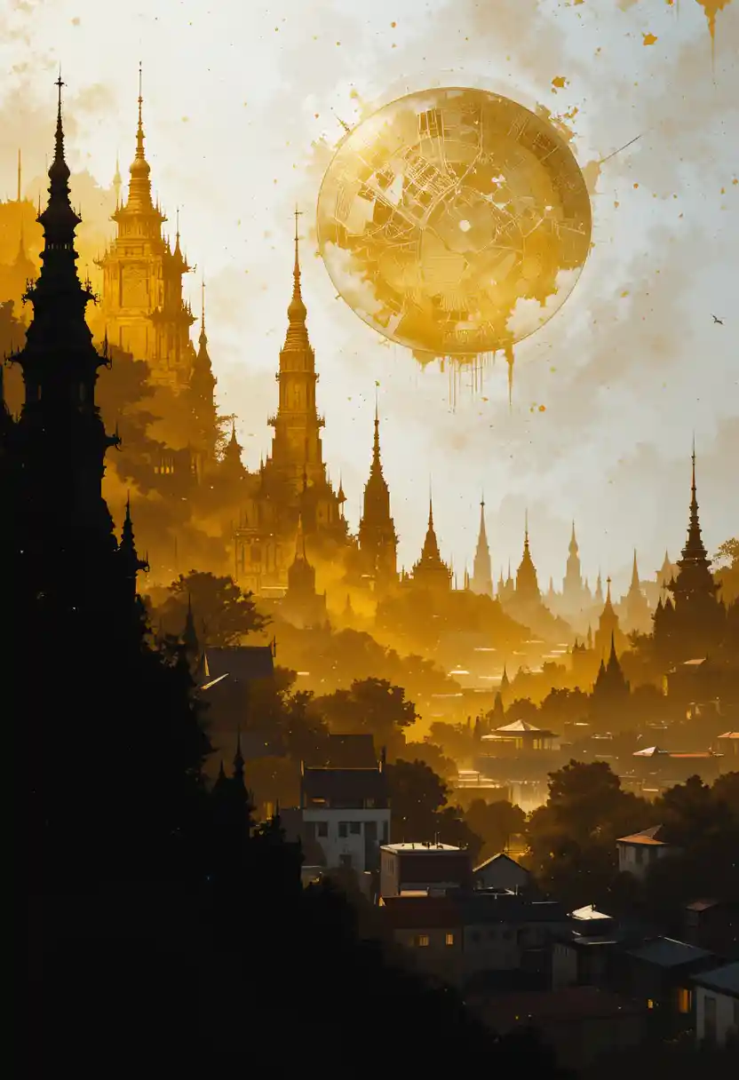 Scorcio dorato e bianco di Bangkok tra la terra e il cielo