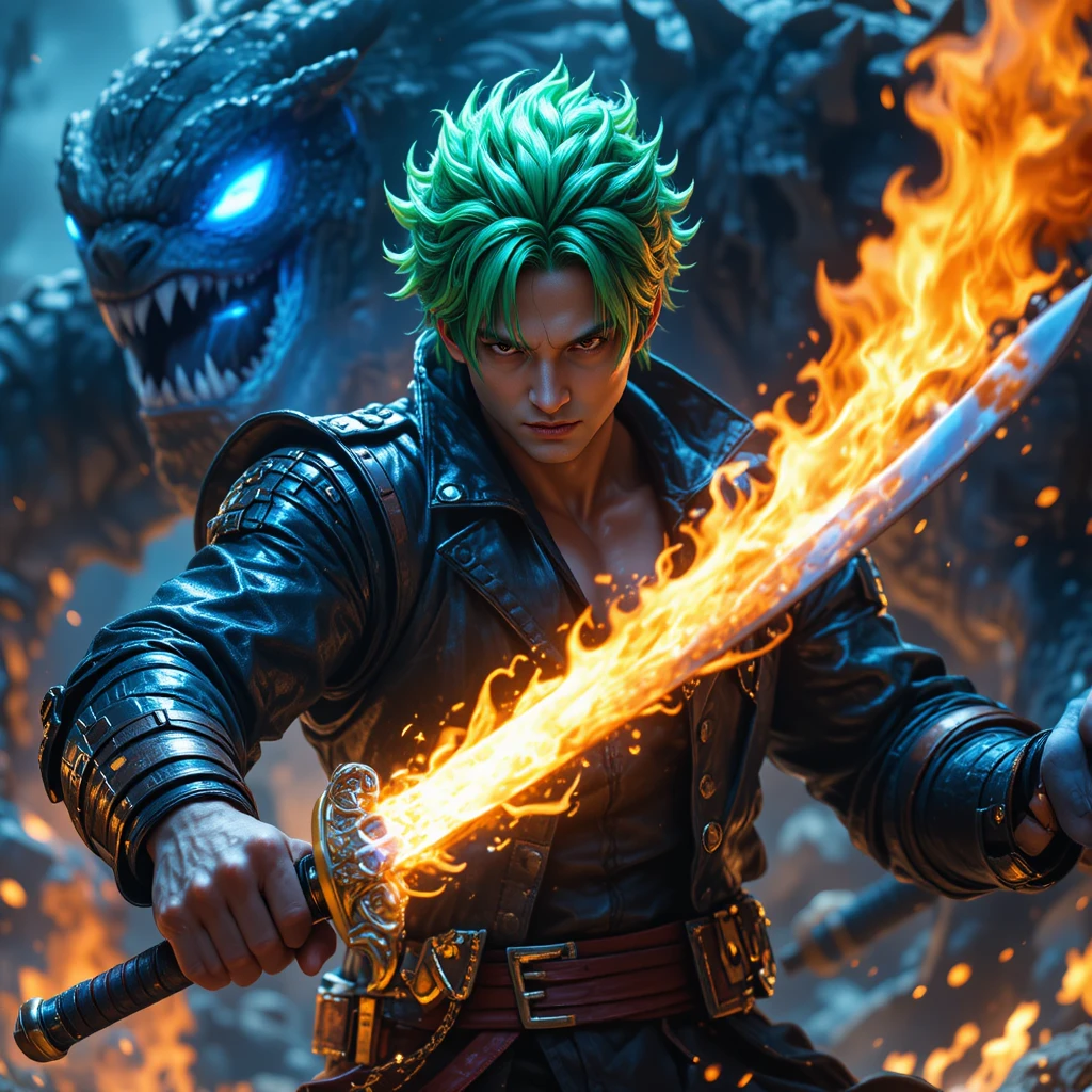 Green haired swordsman slaying a monster with fiery blade