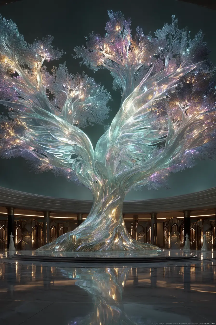 Glass phoenix rising from a luminous jade chamber