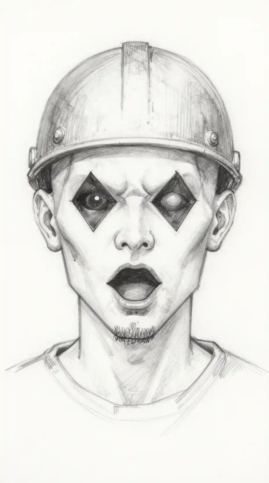 Creepy pencil sketch portrait of a masked bald man