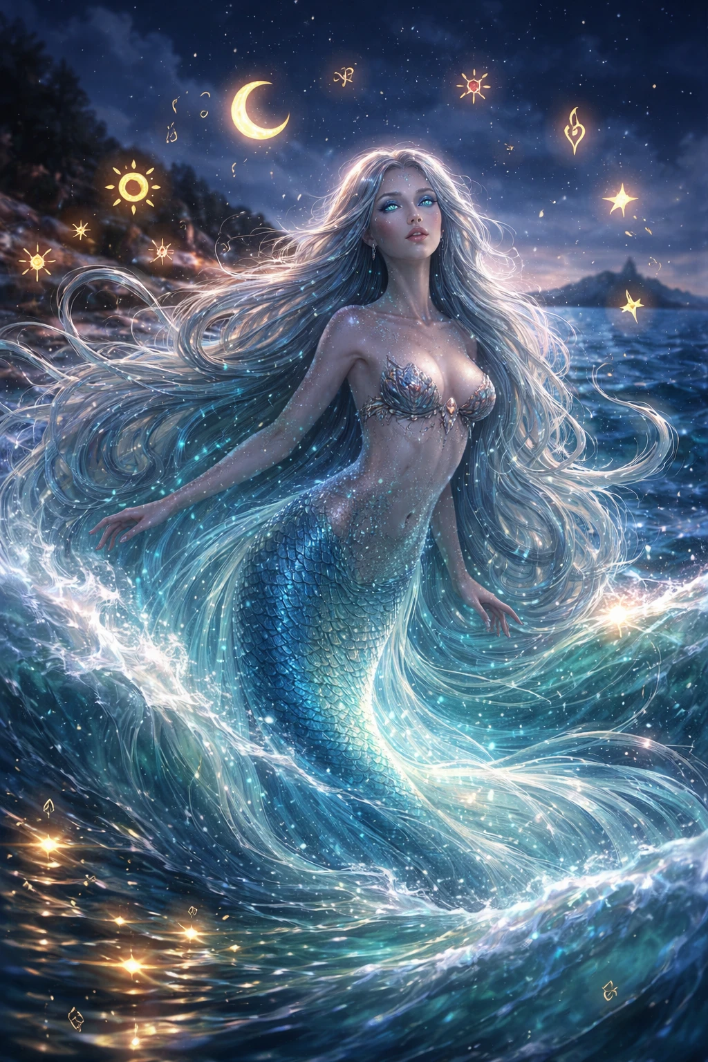 Ethereal mermaid rising from glowing ocean waves at night