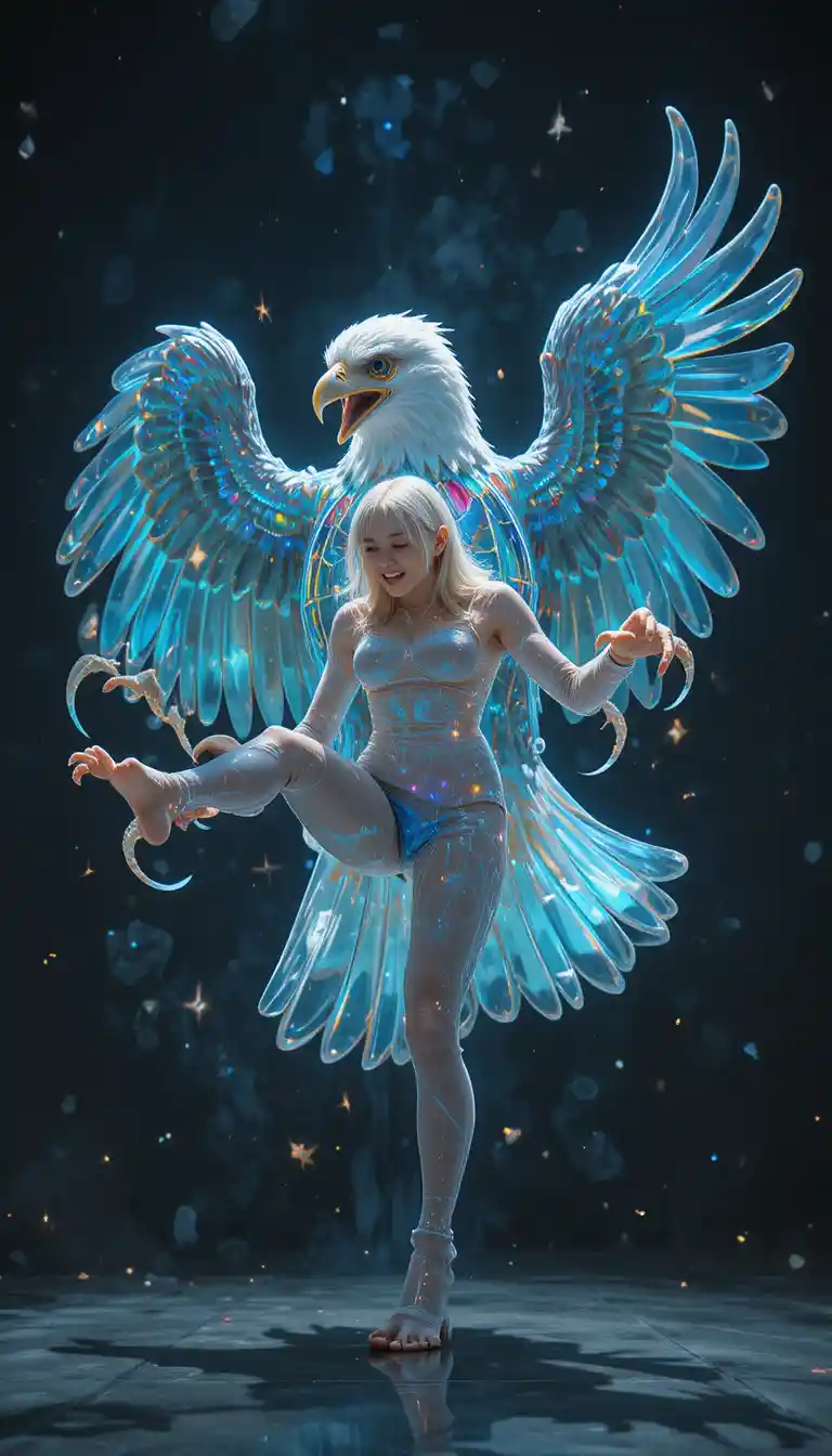 Holographic eagle screaming with claws out in midair