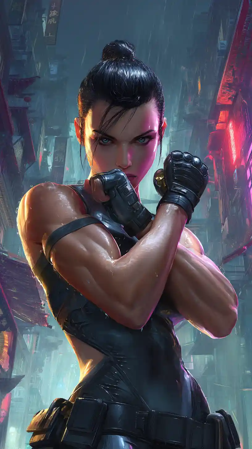 Cyberpunk-Polizistin und Vollstreckerin in neonbeleuchteter, regennasser Straße