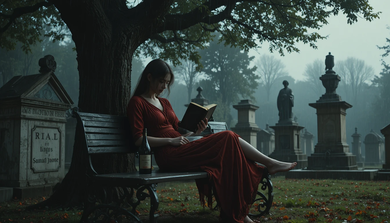 Woman reading on an old iron bench in a rainy cemetery