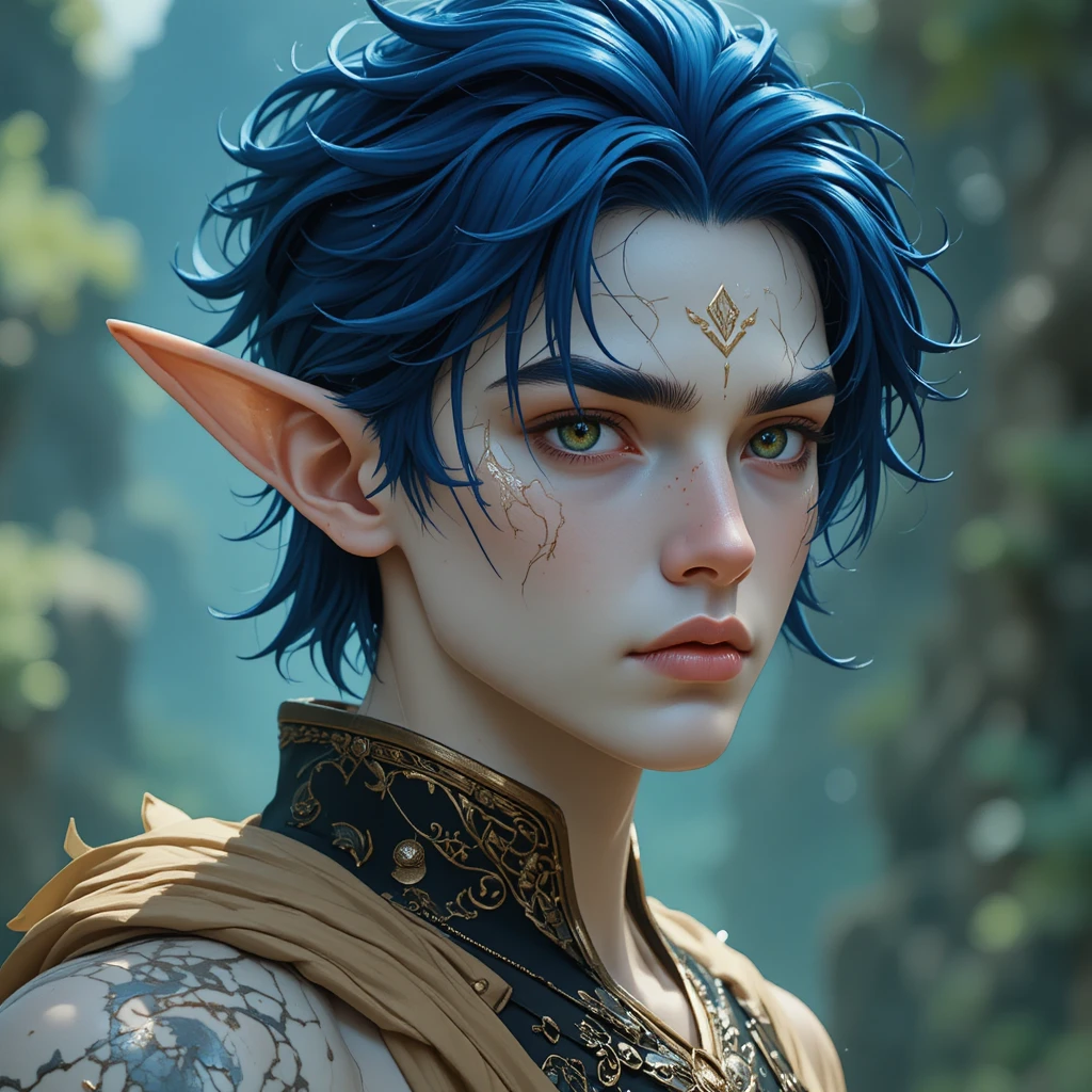 Young ivory skinned elf eared man in a Wakfu fantasy world