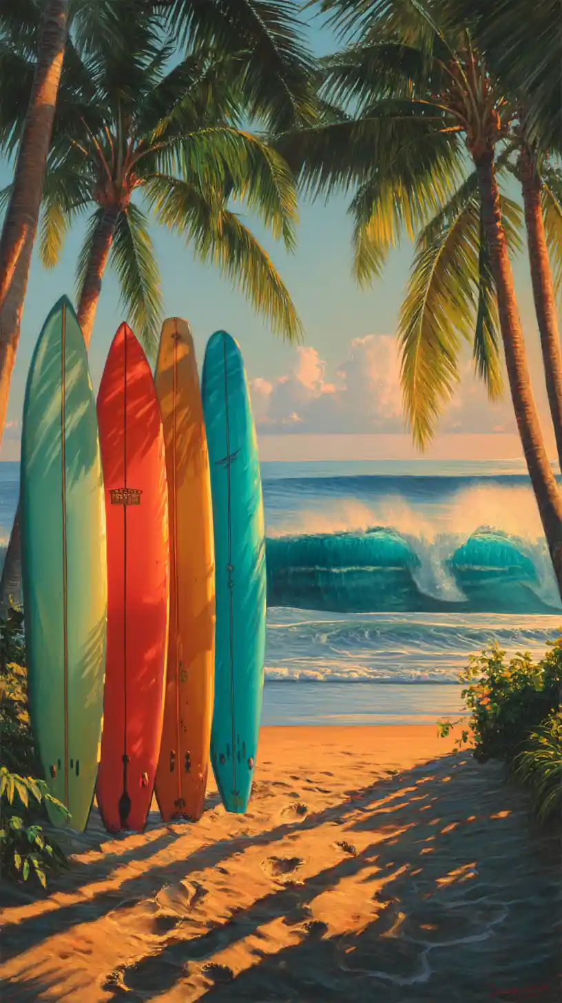 Colorful Surfboards On A Tropical Beach At Golden Hour