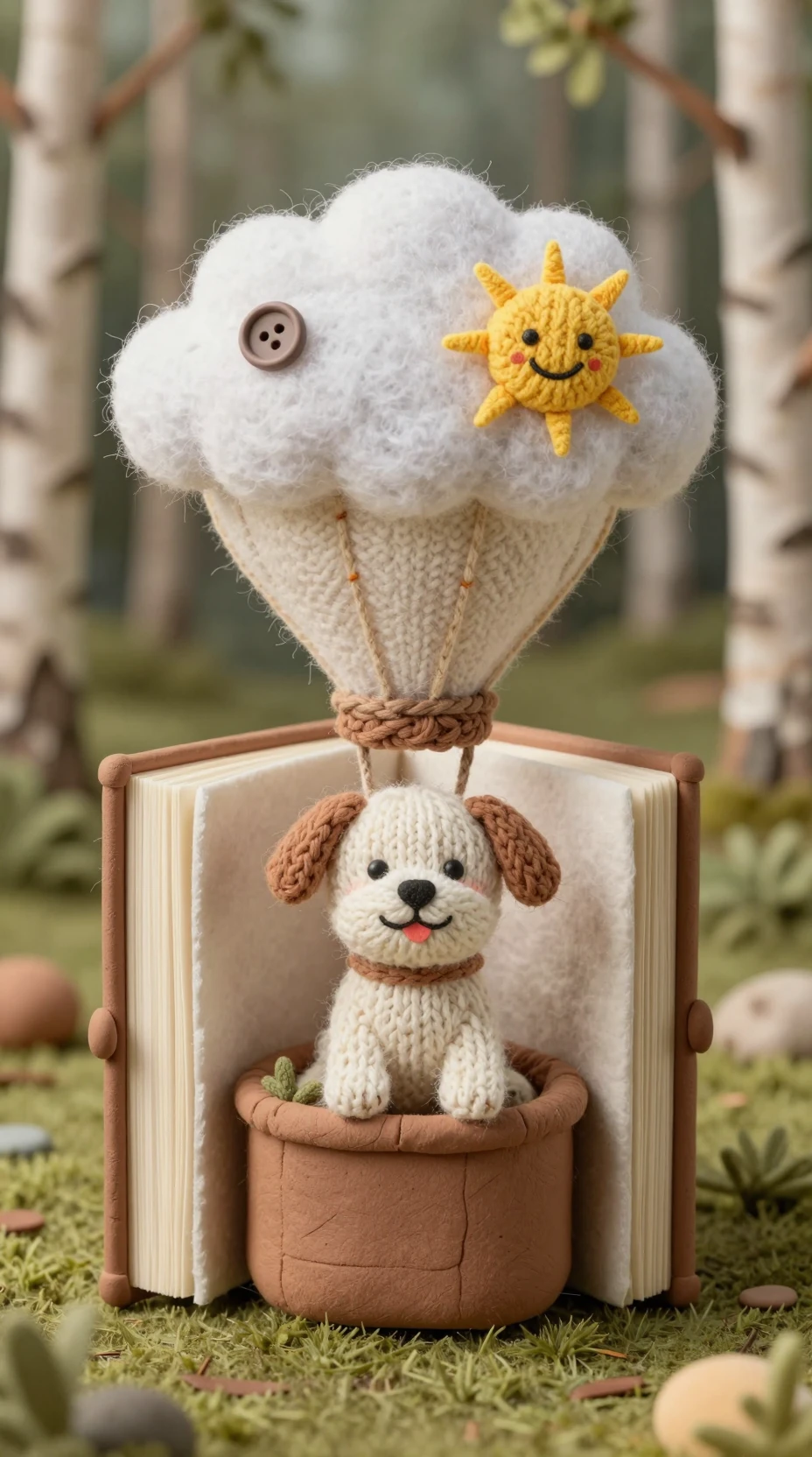 Cachorro de lana artesanal en un globo aerostático mágico