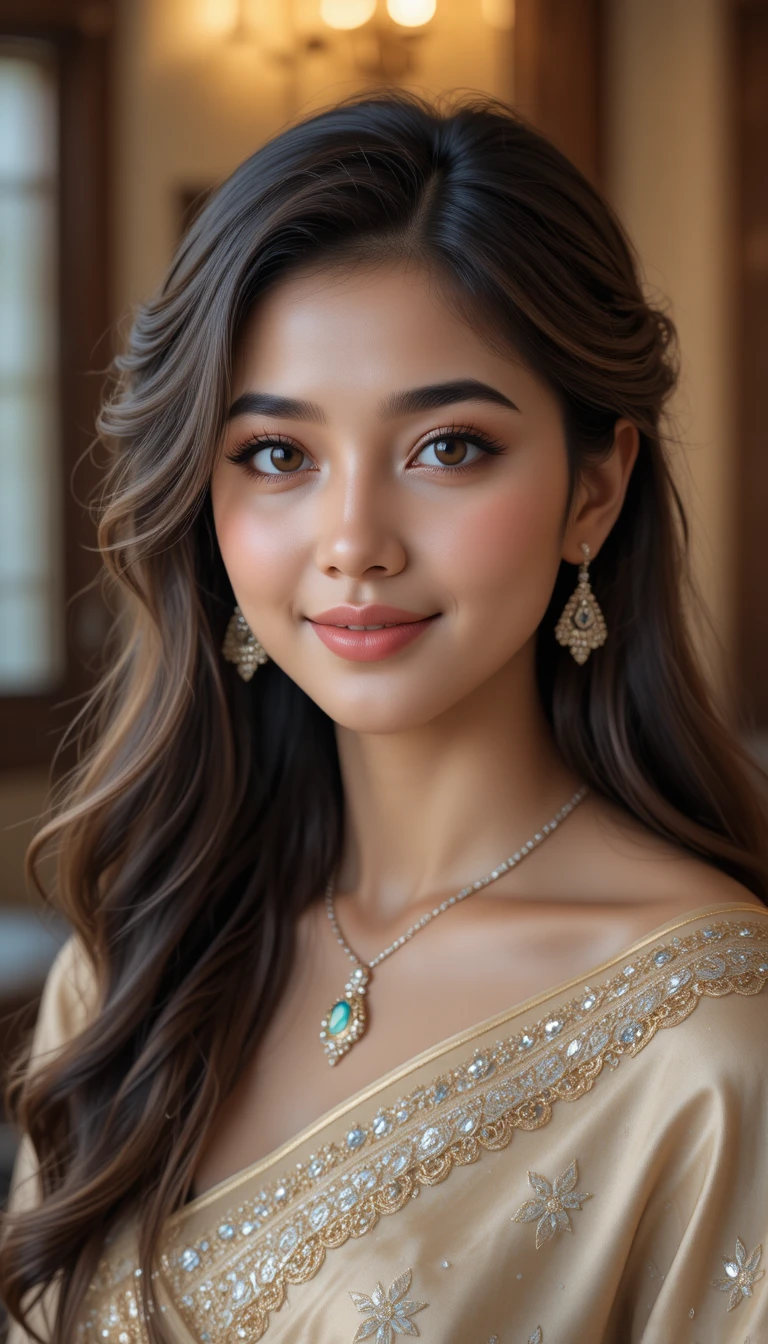 Ritratto elegante di ragazza indiana in sari pastello con gioielli