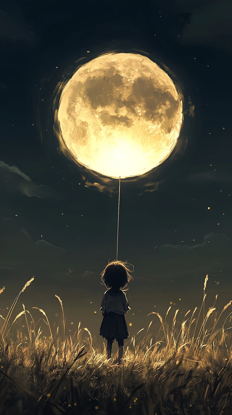 Child holding a luminous moon balloon in tall golden grass