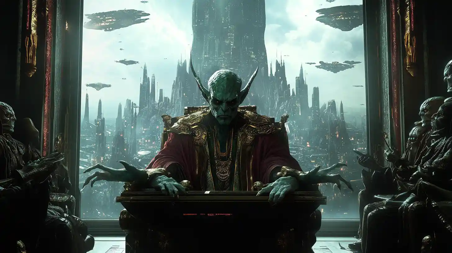 Ancient alien overlord in a grand sci fi throne room
