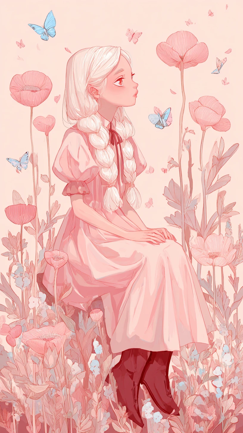 Chica Virgo de anime sentada sobre una alta flor de primavera