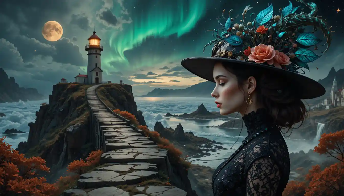 Storm lashed lighthouse on a jagged ocean cliff