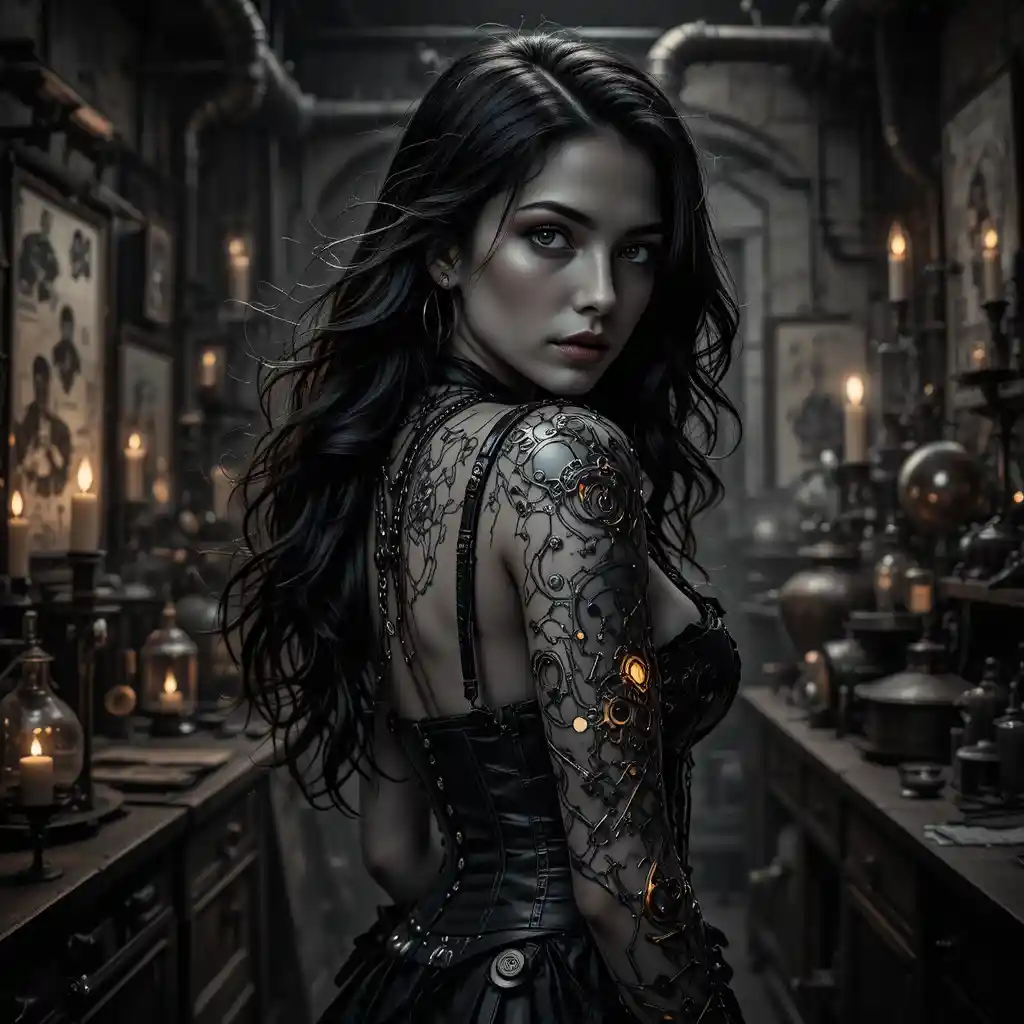 Noir-Steampunk-Frau mit leuchtendem mechanischem Korsett