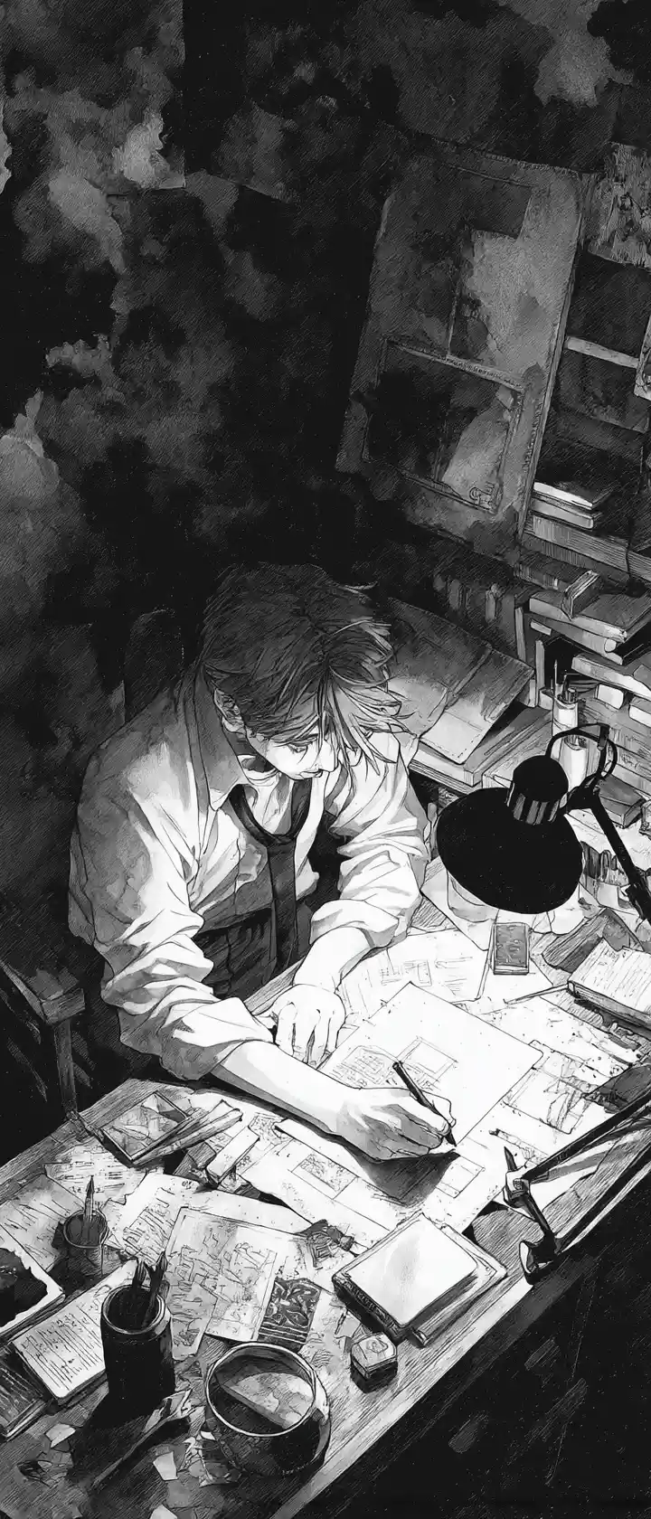 Anime writer hunched over desk as dark ink surrounds him