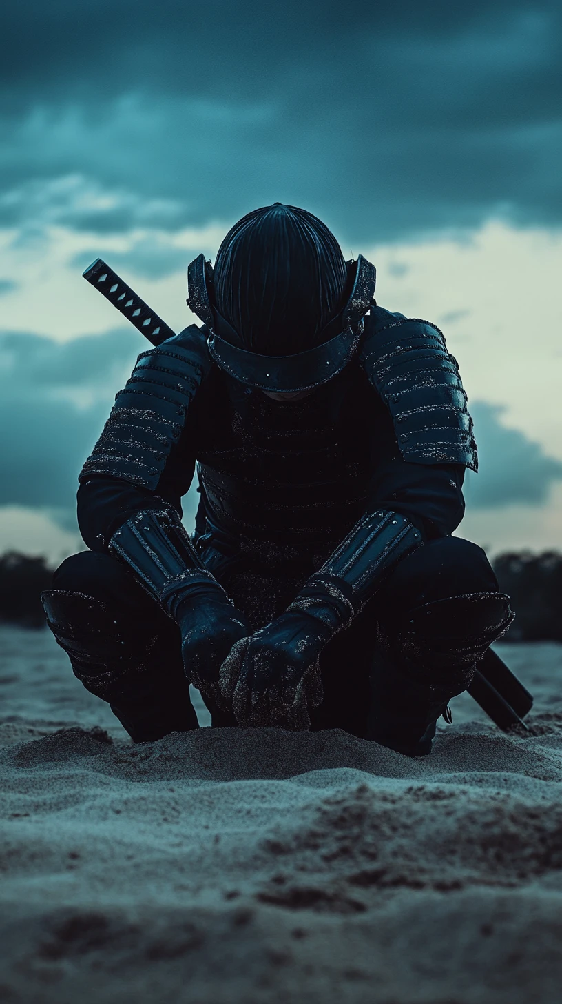 Lone samurai kneeling in sand at quiet twilight battlefield