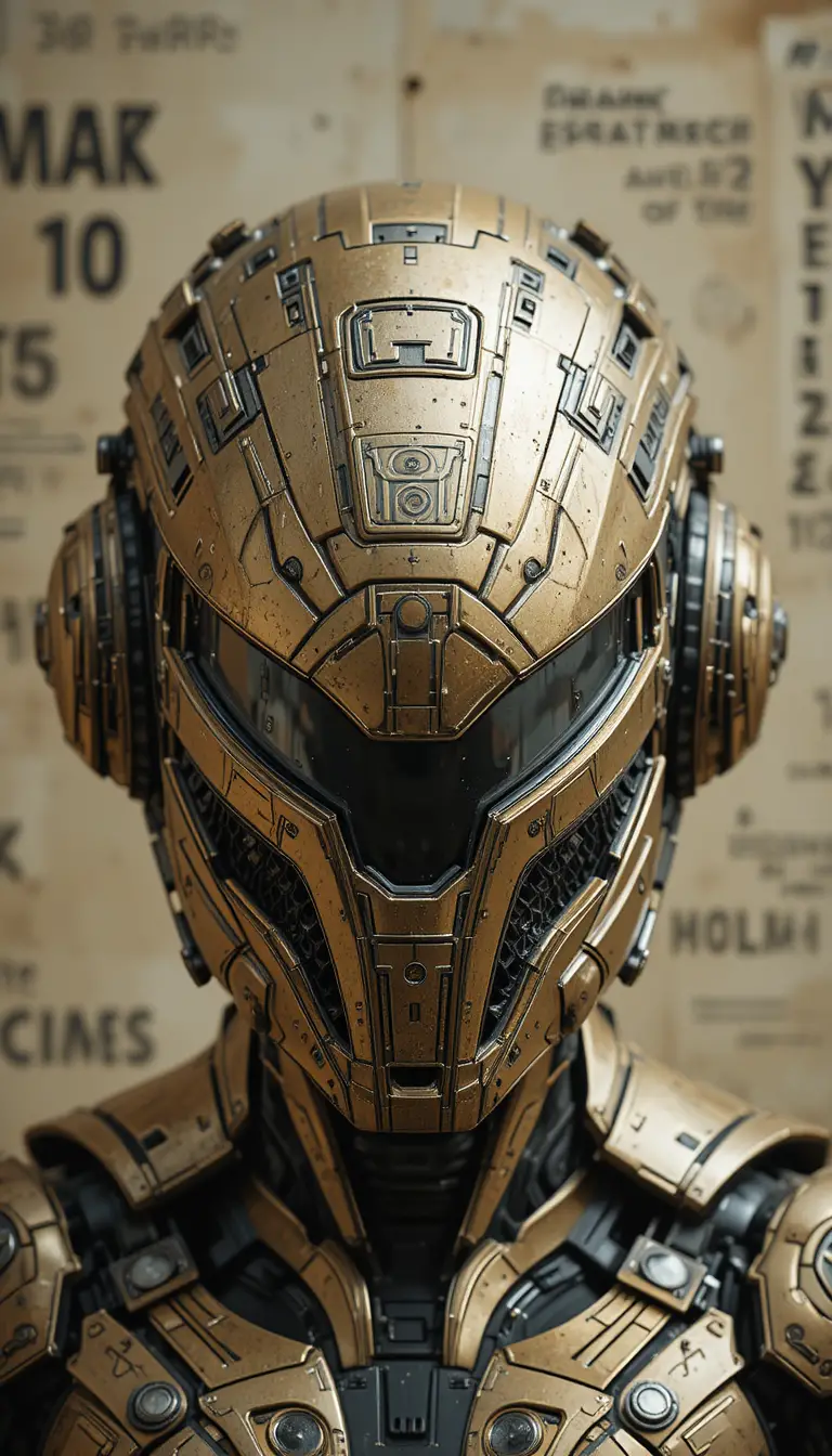 Futuristic gold sci fi helmet with angular visor design