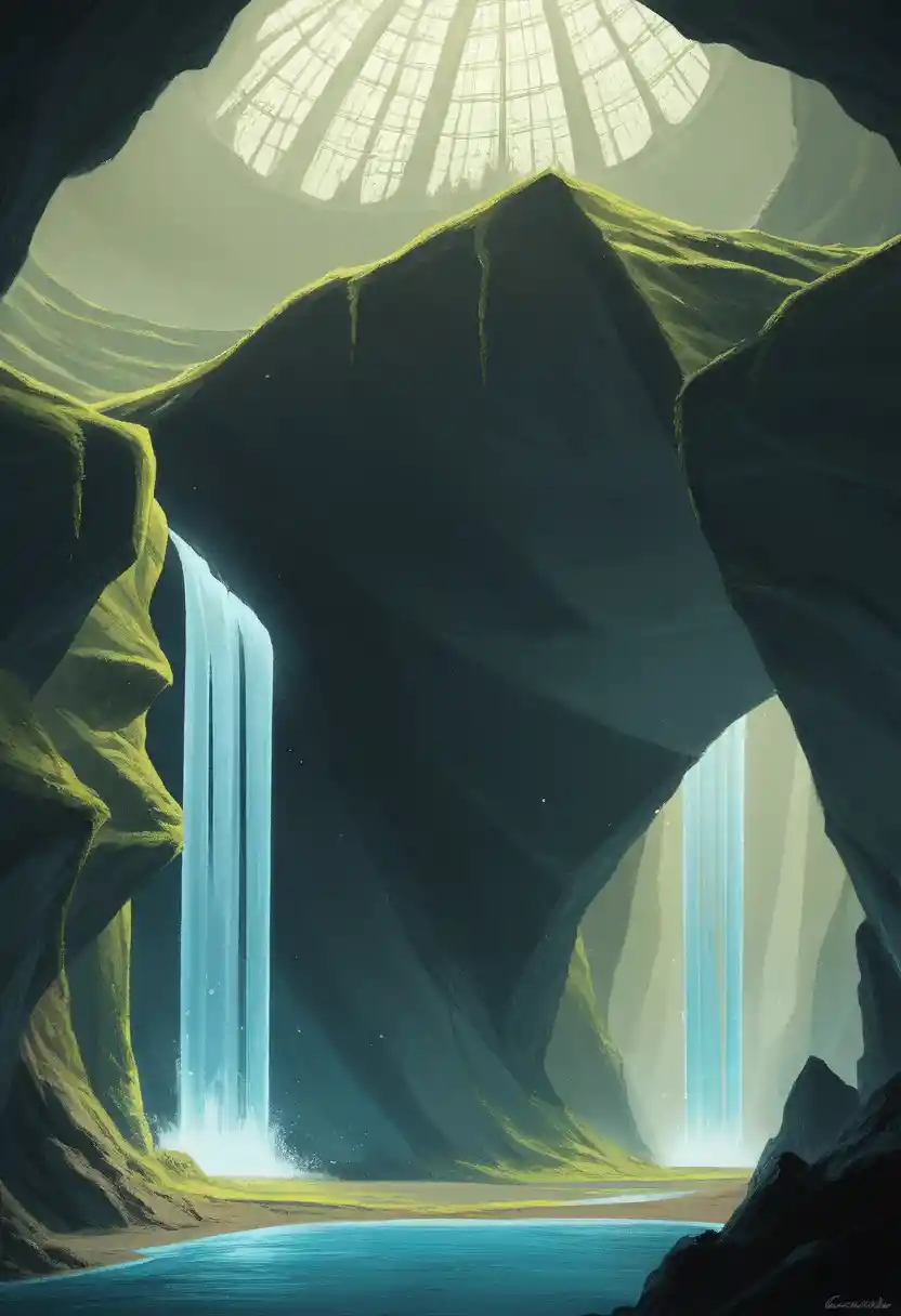 Majestischer unterirdischer Wasserfall in leuchtender Grotte