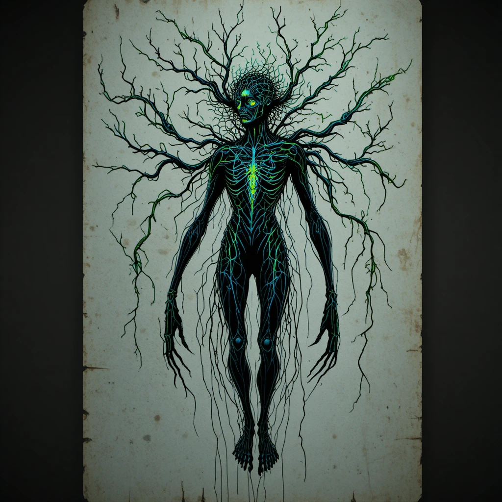 Mystical Mycelium Creature With Elongated Limbs In Darkness