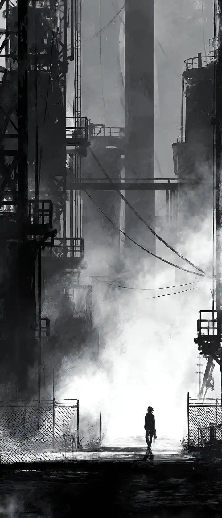Anime fugitive sprinting through foggy industrial yard at night