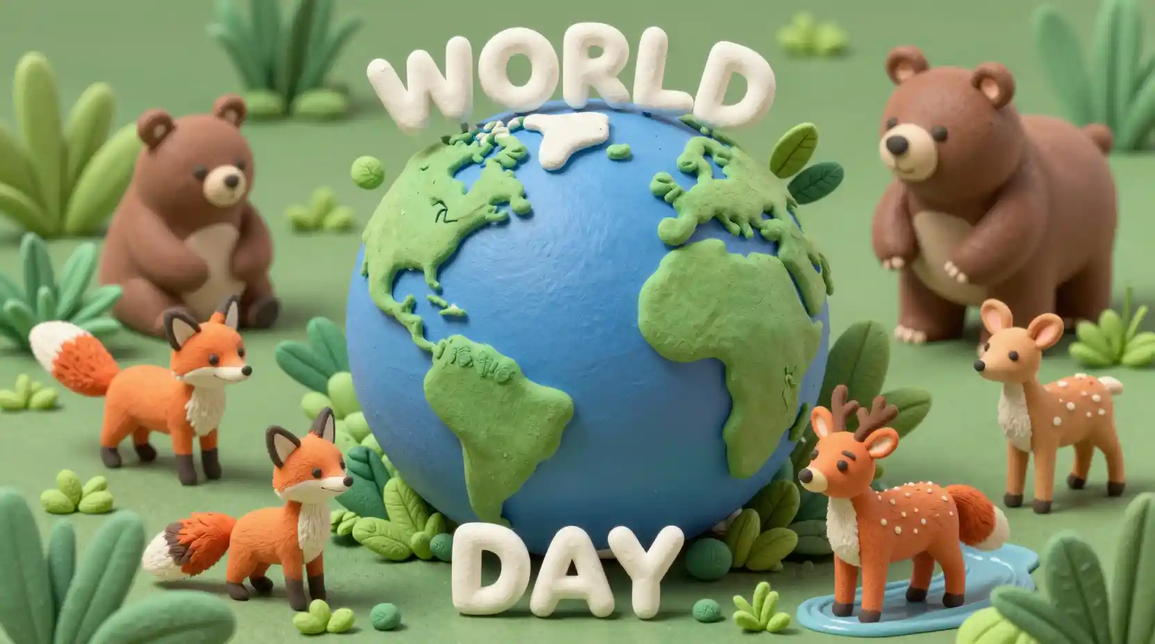 3d earth surrounded by forest animals and green plants