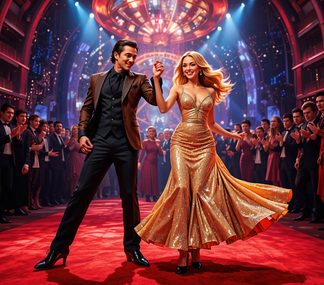 Elegant couple dancing on a red carpet tv show stage